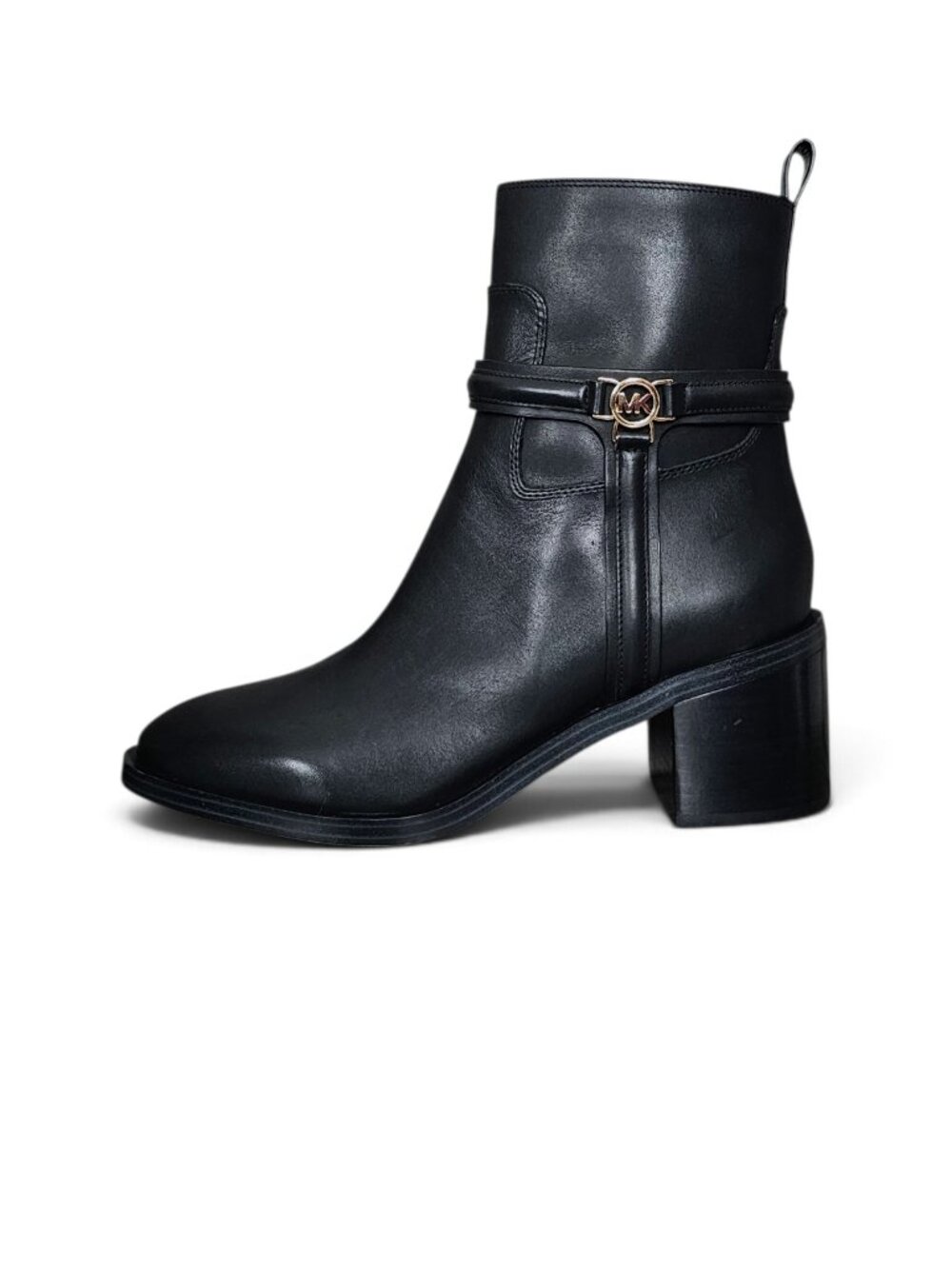Michael Kors Mindy Black Leather Ankle Bootie Boots Gold MK Block Heel 10 New